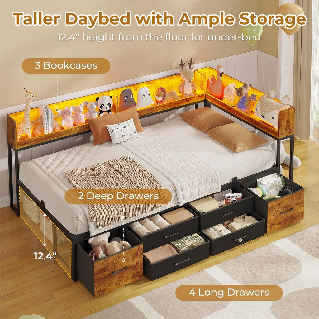 MSmask 14 Inch Corner Bed Frame with Bookcase Storage, Twin Daybed with 6 Drawers, Charging Station and LED Light, Twin Size Metal Platform Bed Frame for Kids Teenagers, Black & Vintage Brown