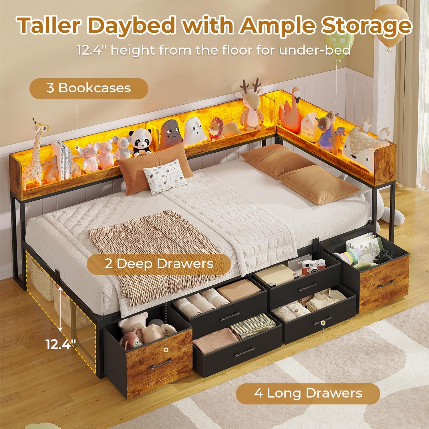 MSmask 14 Inch Corner Bed Frame with Bookcase Storage, Twin Daybed with 6 Drawers, Charging Station and LED Light, Twin Size Metal Platform Bed Frame for Kids Teenagers, Black & Vintage Brown