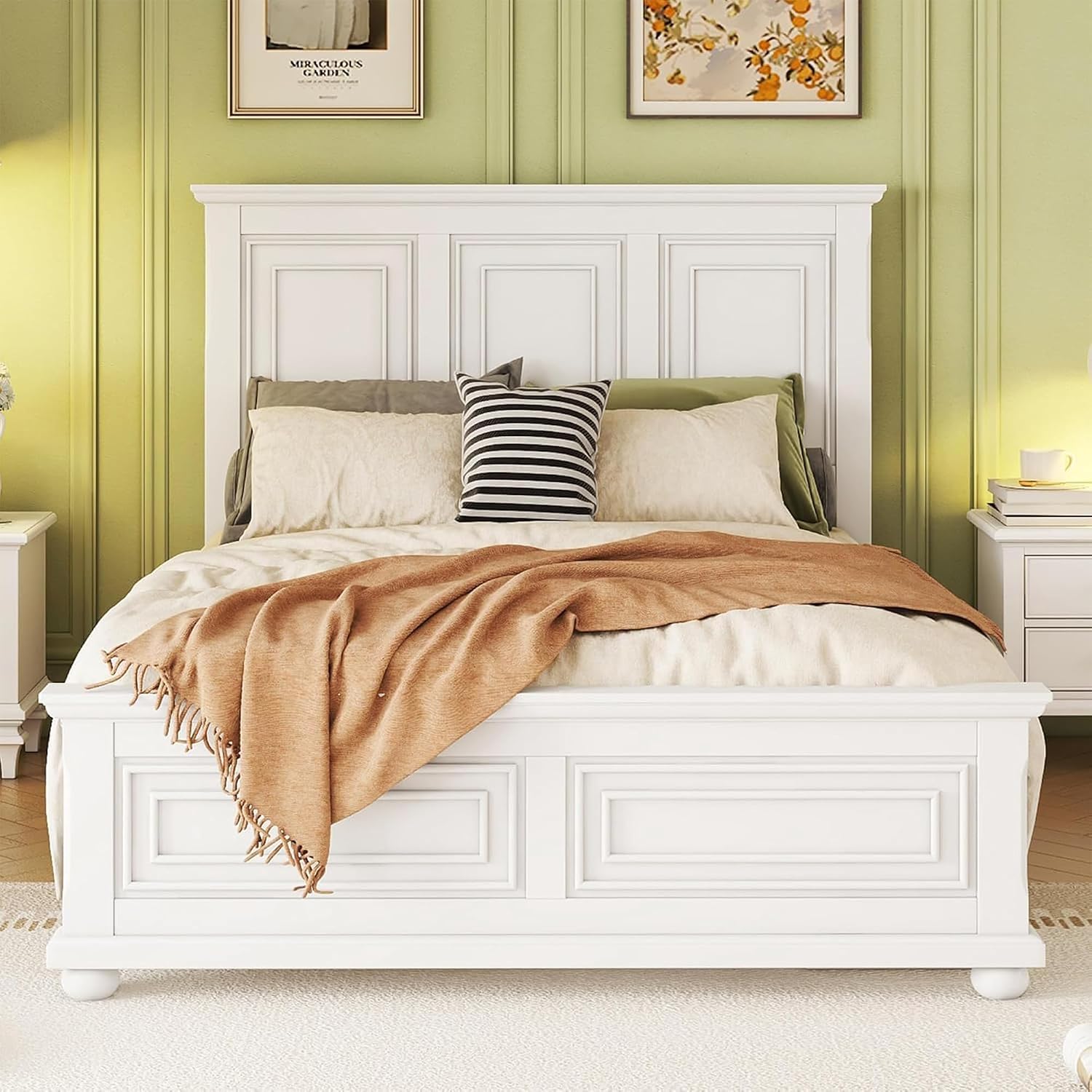 Mirightone Farmhouse Queen Bed Frame with Tall Headboard and Footboard, White Wood Bed Frames Queen with Under Bed Storage, Noise-Free, No Box Spring Needed, White
