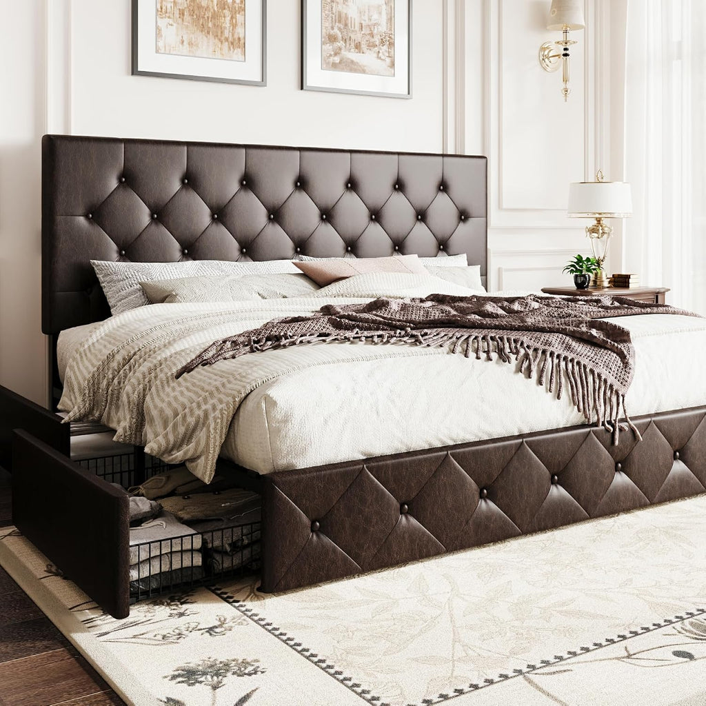 SHA CERLIN Upholstered King Size Platform Bed Frame with 4 Storage Drawers, Adjustable Headboard with Diamond Stitched Button Tufted Design, Wooden Slat Support, No Box Spring Needed, Black Brown