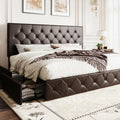 SHA CERLIN Upholstered King Size Platform Bed Frame with 4 Storage Drawers, Adjustable Headboard with Diamond Stitched Button Tufted Design, Wooden Slat Support, No Box Spring Needed, Black Brown