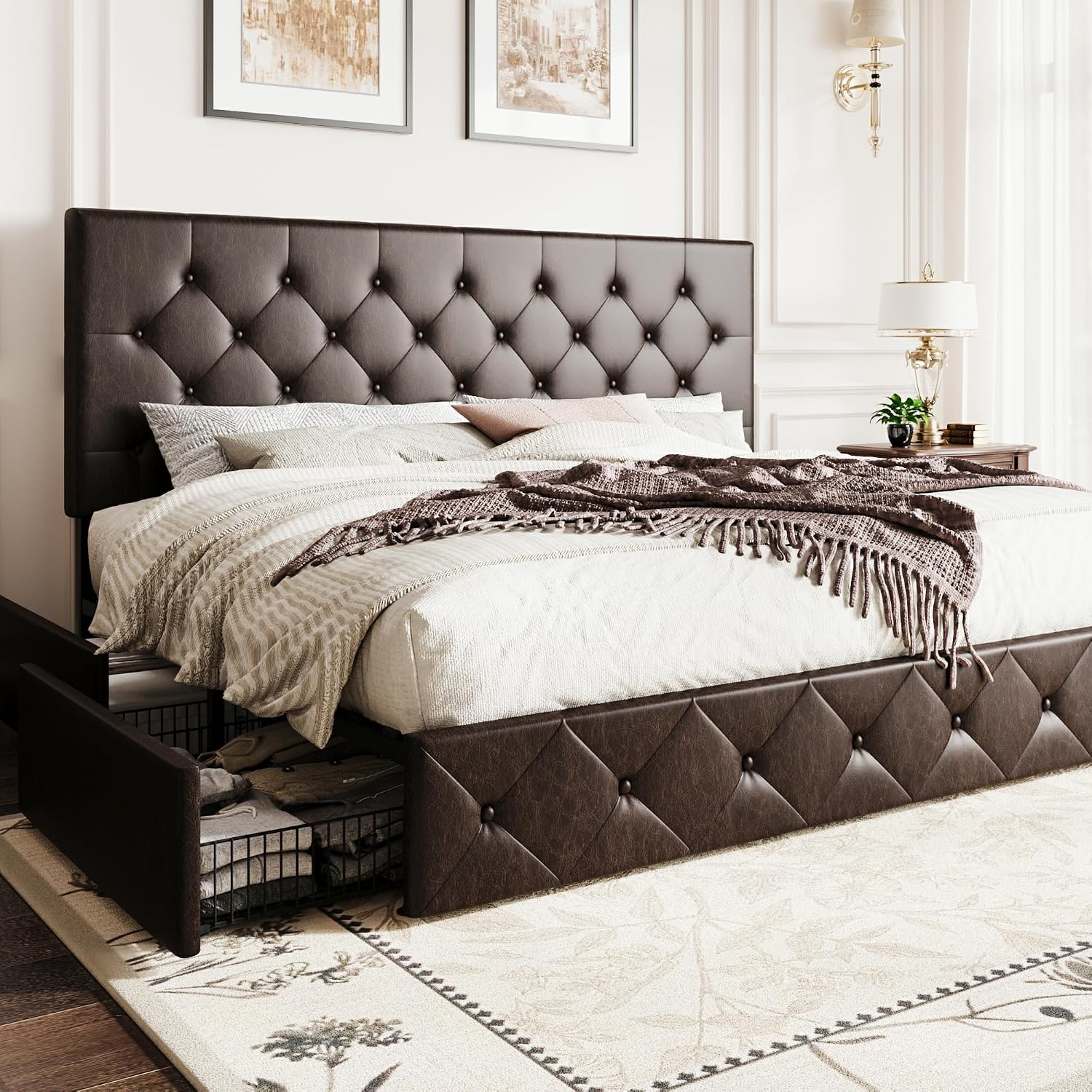 SHA CERLIN Upholstered King Size Platform Bed Frame with 4 Storage Drawers, Adjustable Headboard with Diamond Stitched Button Tufted Design, Wooden Slat Support, No Box Spring Needed, Black Brown