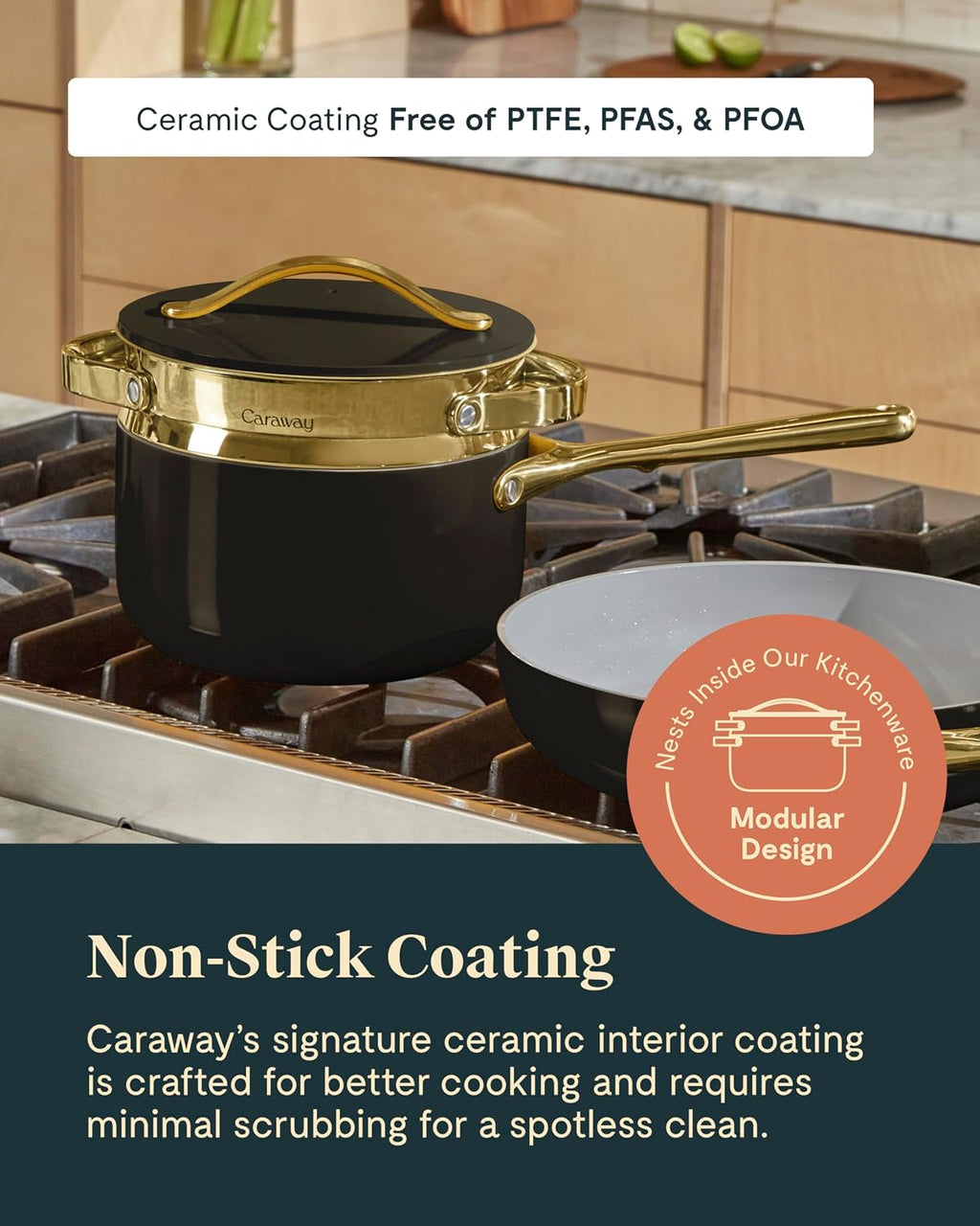 Caraway Nonstick 3 Qt Ceramic Sauce Pan with Lid & Steamer - Non Toxic, PTFE & PFOA Free - Oven Safe & Compatible with All Stovetops (Gas, Electric & Induction) - White