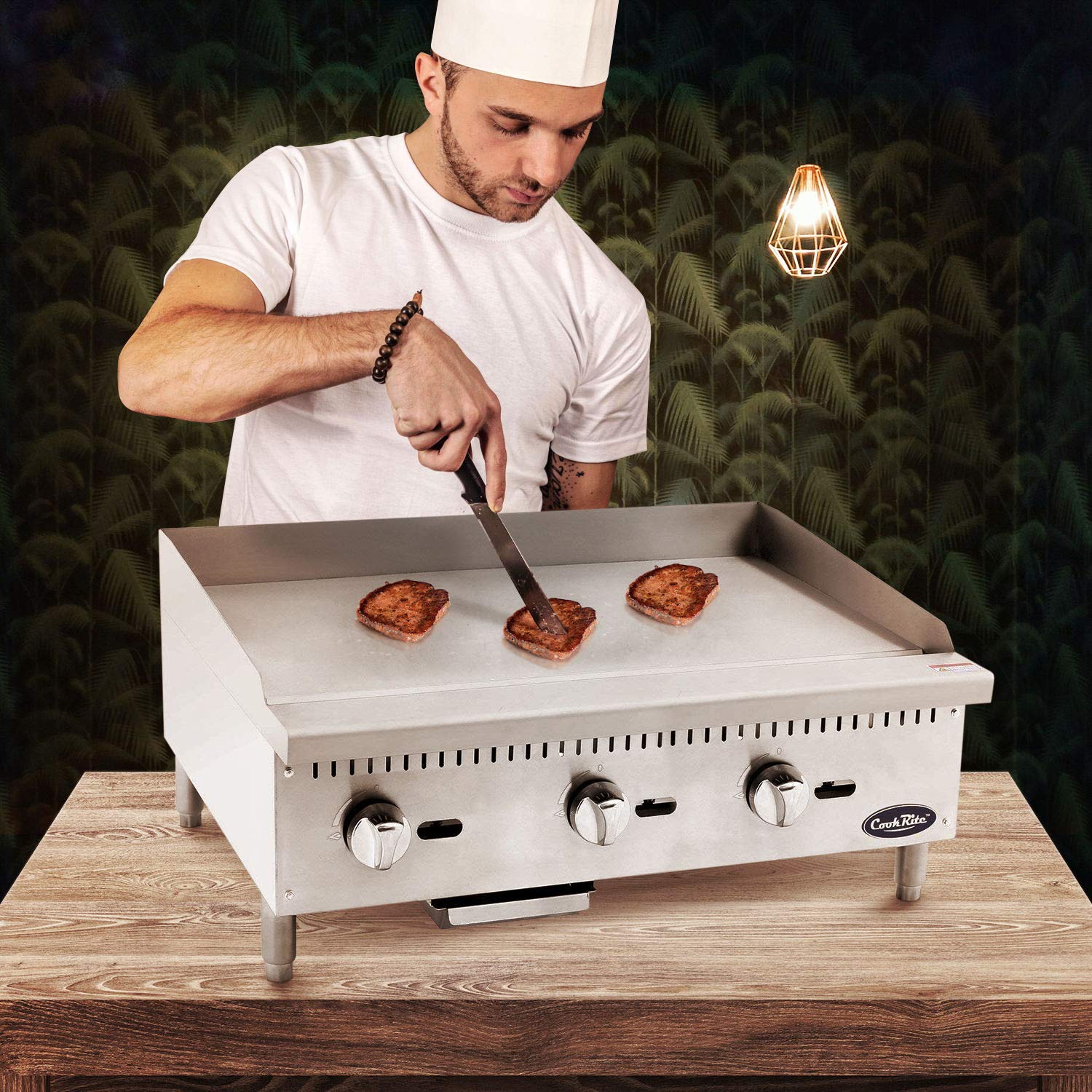 Atosa CookRite ATMG-36 36' Countertop Griddle | Flat Top Grill Hot Plate with Standby Pilots and Grease Drawer for Food Truck | Manual Controlled, Stainless Steel, 3 Burner 90,000 BTU, Liquid Propane