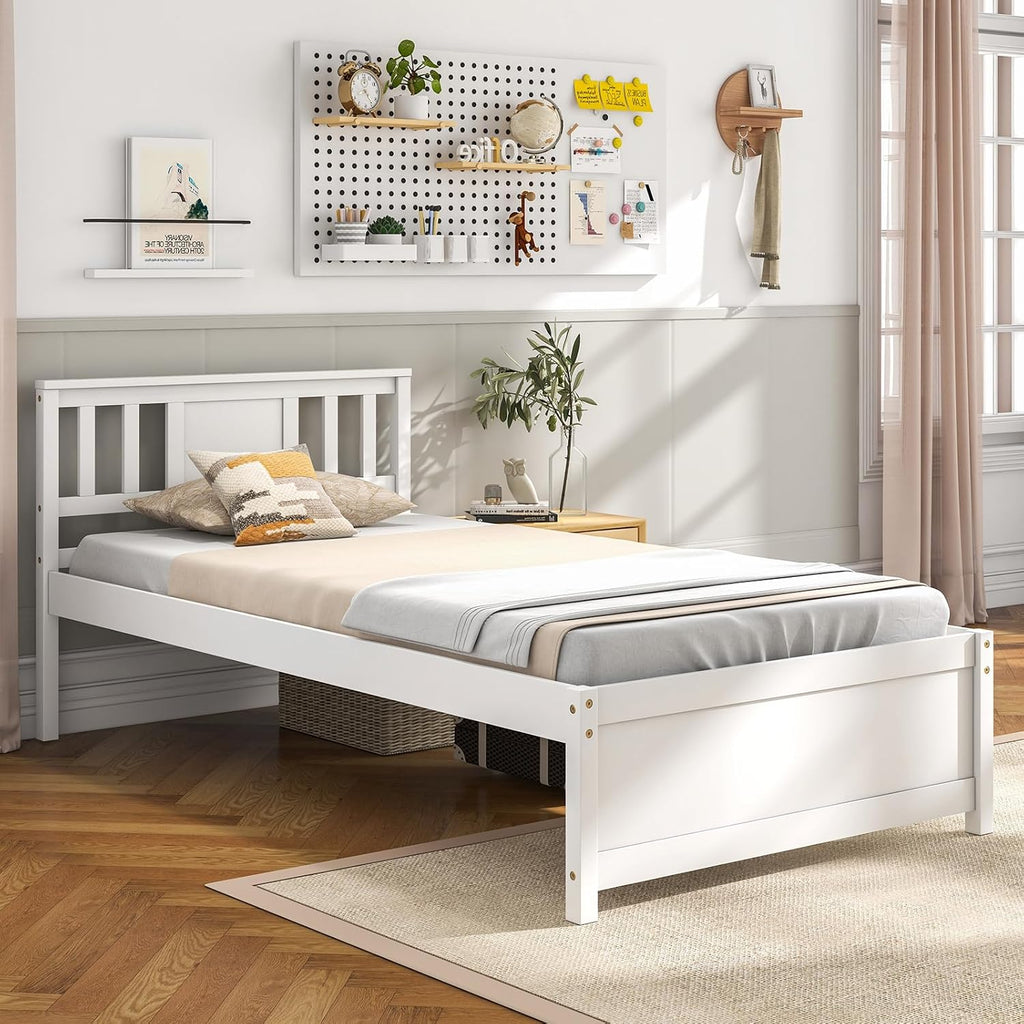 Giantex Wood Twin Bed Frames with Headboard, Mid Century Solid Wood Platform Bed with Wood Slat Support, Single Panel Bed, No Box Spring Needed, Twin Bed Frames for Kids, White