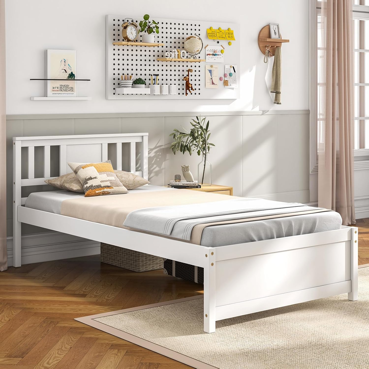 Giantex Wood Twin Bed Frames with Headboard, Mid Century Solid Wood Platform Bed with Wood Slat Support, Single Panel Bed, No Box Spring Needed, Twin Bed Frames for Kids, White