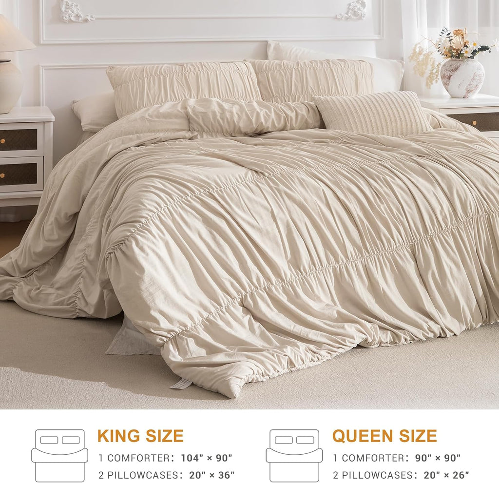 Masaca Queen Comforter Set,Ruched Ruffle Comforter Set Queen,3 Pieces Ultra Soft Lightweight Farmhouse Shabby Boho Chic Bedding (1 Wheat Comforter+2 Pillow Shams)