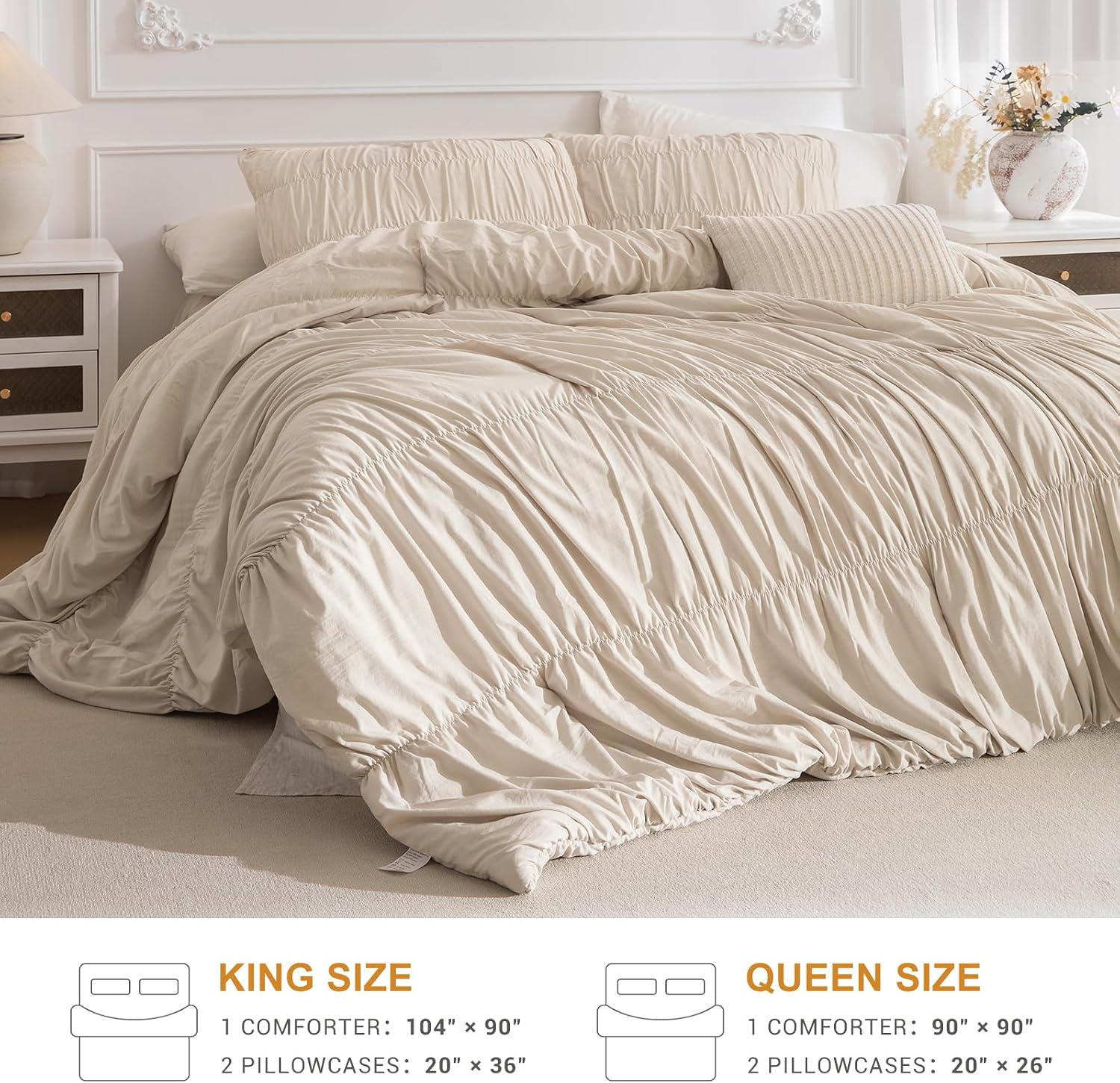 Masaca Queen Comforter Set,Ruched Ruffle Comforter Set Queen,3 Pieces Ultra Soft Lightweight Farmhouse Shabby Boho Chic Bedding (1 Wheat Comforter+2 Pillow Shams)