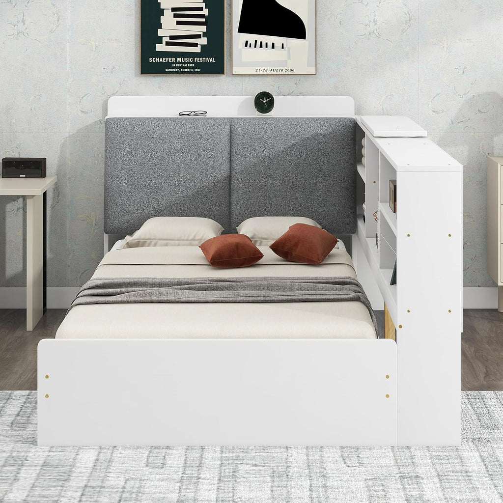 Harper & Bright Designs Twin Size Daybed with 2 Storage Drawers and Bookcase,Wood L Shaped Twin Platform Bed Frame with Shelves, Twin Sofa Bed Frame with Slats Support, No Box Spring Needed, White