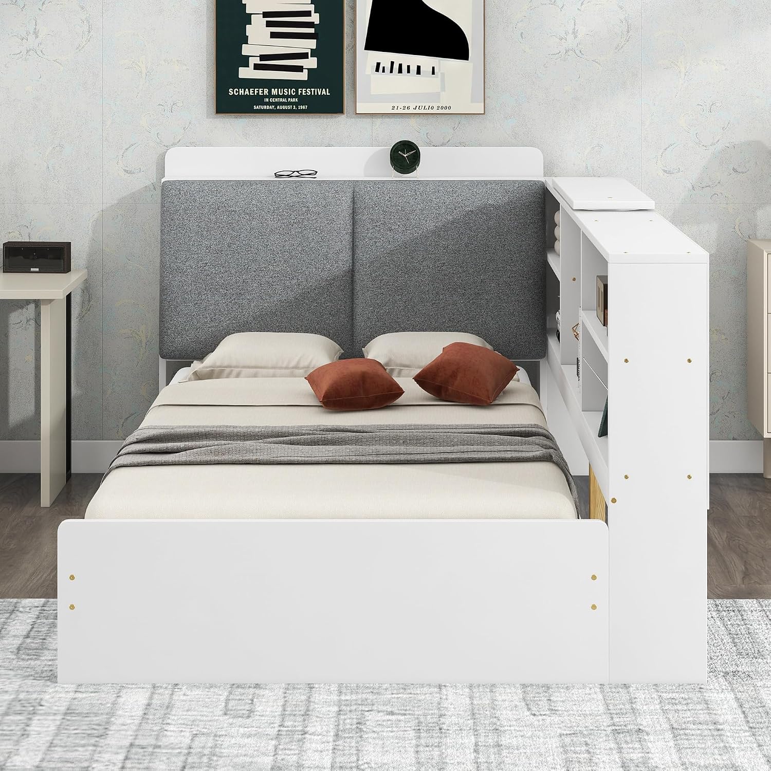 Harper & Bright Designs Twin Size Daybed with 2 Storage Drawers and Bookcase,Wood L Shaped Twin Platform Bed Frame with Shelves, Twin Sofa Bed Frame with Slats Support, No Box Spring Needed, White