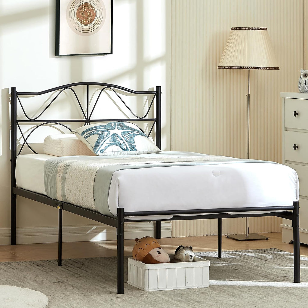 VECELO 2 Set Twin Size Bed Frame, Metal Bed Platform with Headboard, Sturdy Steel Slats Support, No Box Spring Needed/Noise-Free,Easy Assembly, Black
