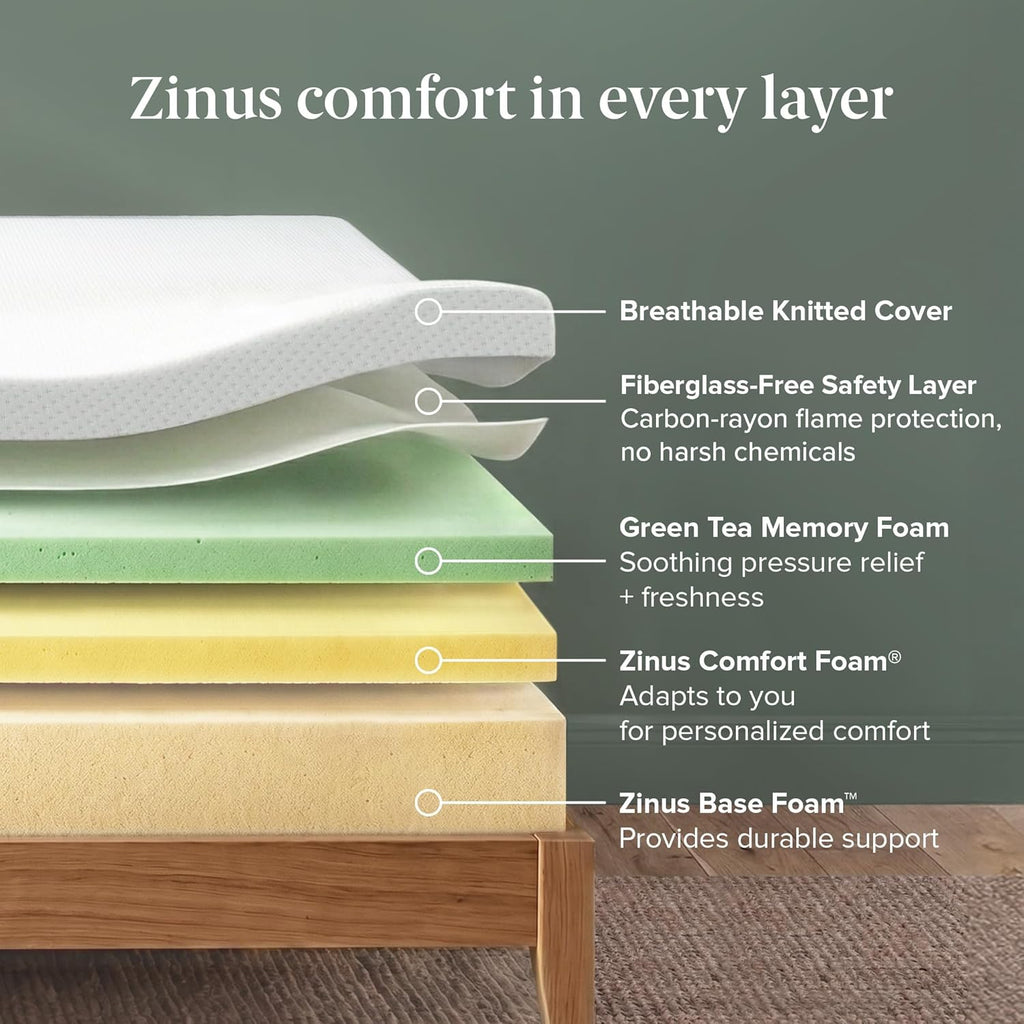 Zinus 10 Inch Twin XL Green Tea Memory Foam Mattress [New Version], Fiberglass Free, Medium Firm Feel, Zoned Pressure Relief, Certified Safe Foams & Fabric, Mattress-in-a-Box