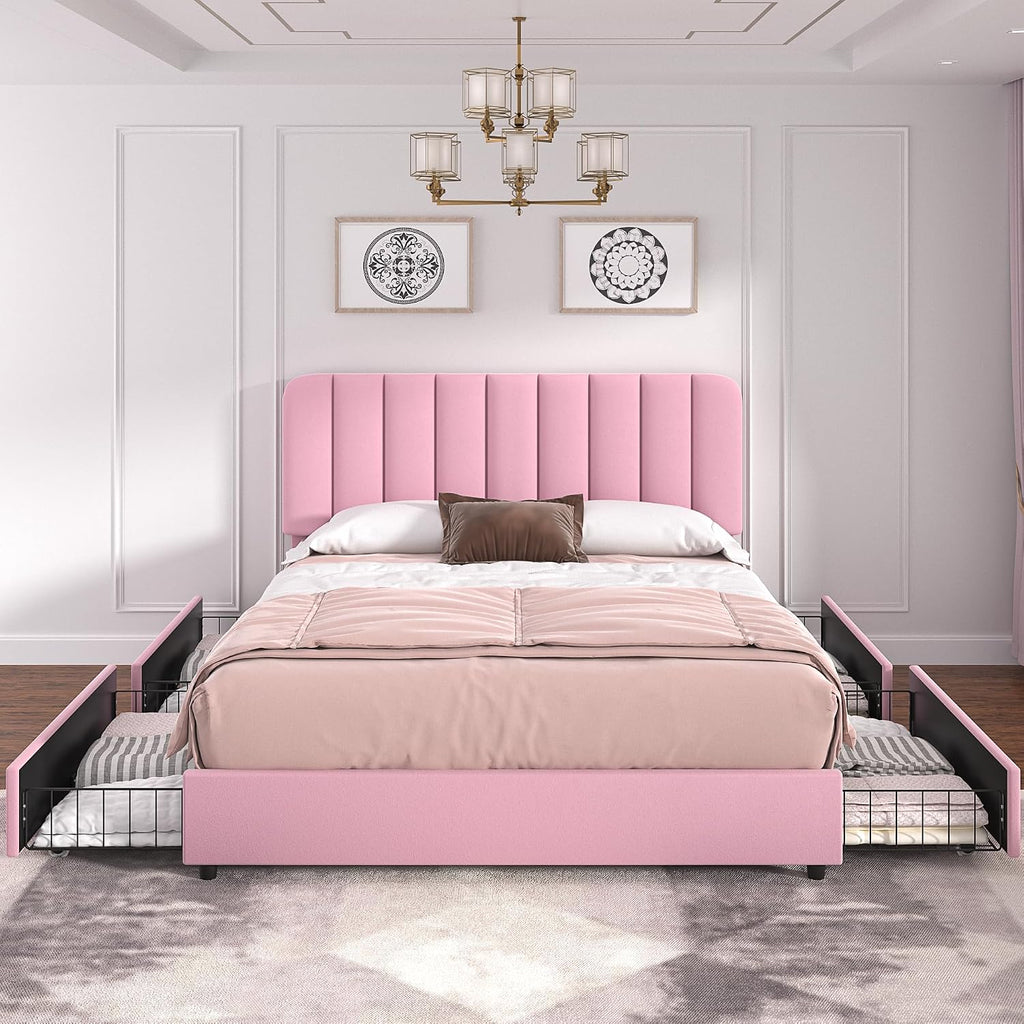 VECELO Queen Size Upholstered Bed Frame with 4 Drawers and Headboard, Velvet Platform Storage Bedframe, Wooden Slats Support, No Box Spring Needed,Pink