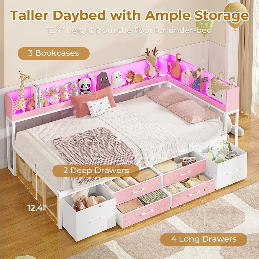 MSmask 14 Inch Corner Bed Frame with Bookcase Storage, Twin Daybed with 6 Drawers, Charging Station and LED Light, Twin Size Metal Platform Bed Frame for Kids Teenagers, Pink