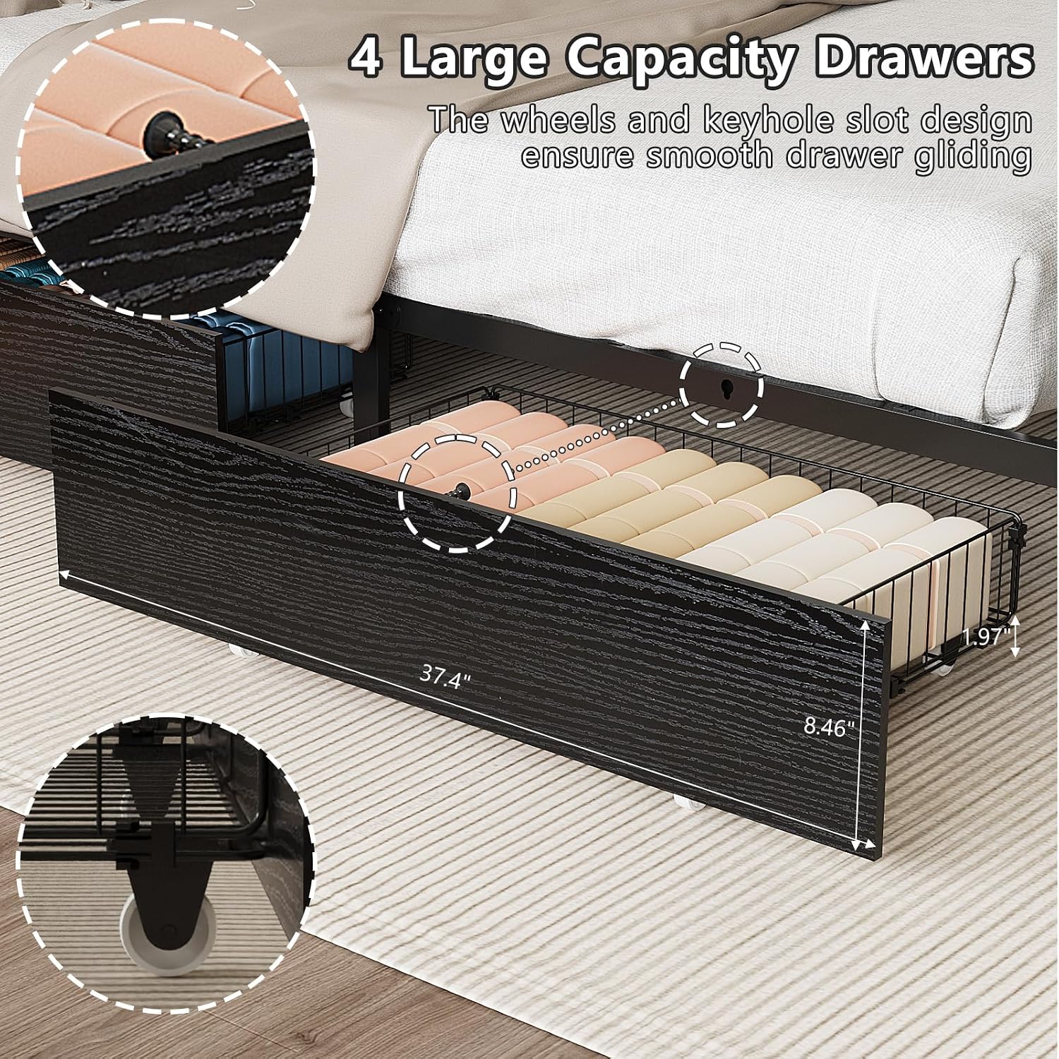 VINGLI Twin Bed Frame Set of 2 with 4 Storage Drawers and Adjustable Headboard Shelf, Metal Platform with Charging Station and LED Lights, No Box Spring Needed, Noise Free, Easy Assembly, Black