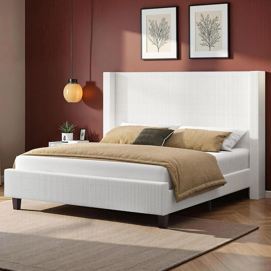 VanAcc Queen Size Platform Bed Frame, 50.8' Corduroy Upholstered Bed with Vertical Channel Tufted Headboard/Wooden Slats/Wingback/No Box Spring Required/White