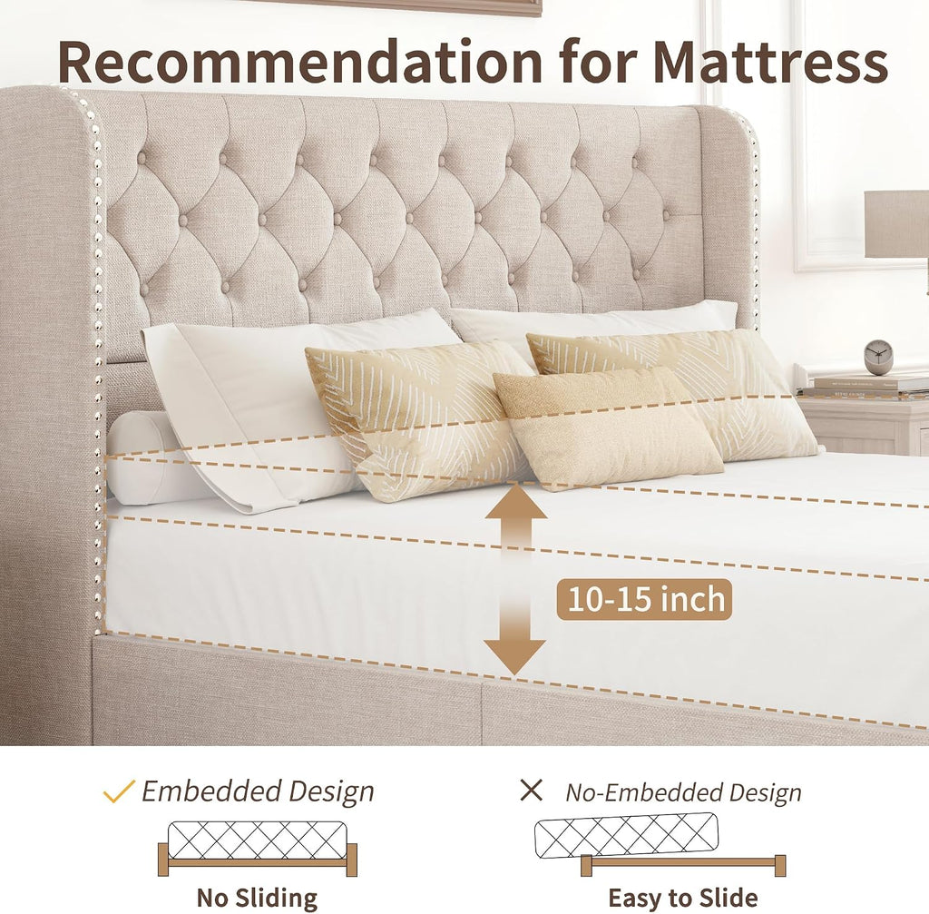 BRELTAM King Size Bed Frame with Storage Drawers and Wingback Headboard Linen Upholstered Platform Bed Frame Tufted Beds with Heavy Duty Wood Slats, Noise Free, Easy Assembly, Beige