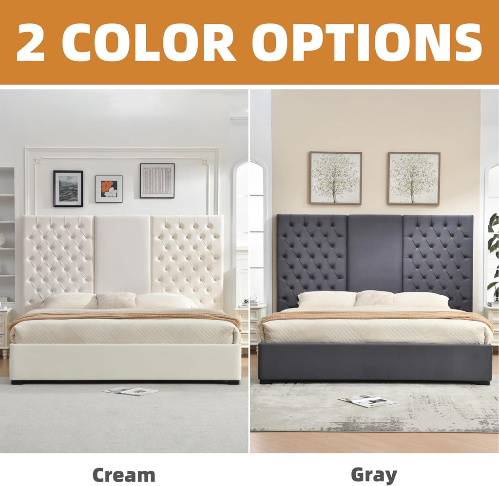 King Size Bed Frame with 63' Tall Headboard, Velvet Fabric Upholstered Platform Bed with 2 Large Storage Drawers, Deep Button Tufted, Wooden Slats, Easy Assembly, No Box Spring Needed, Cream