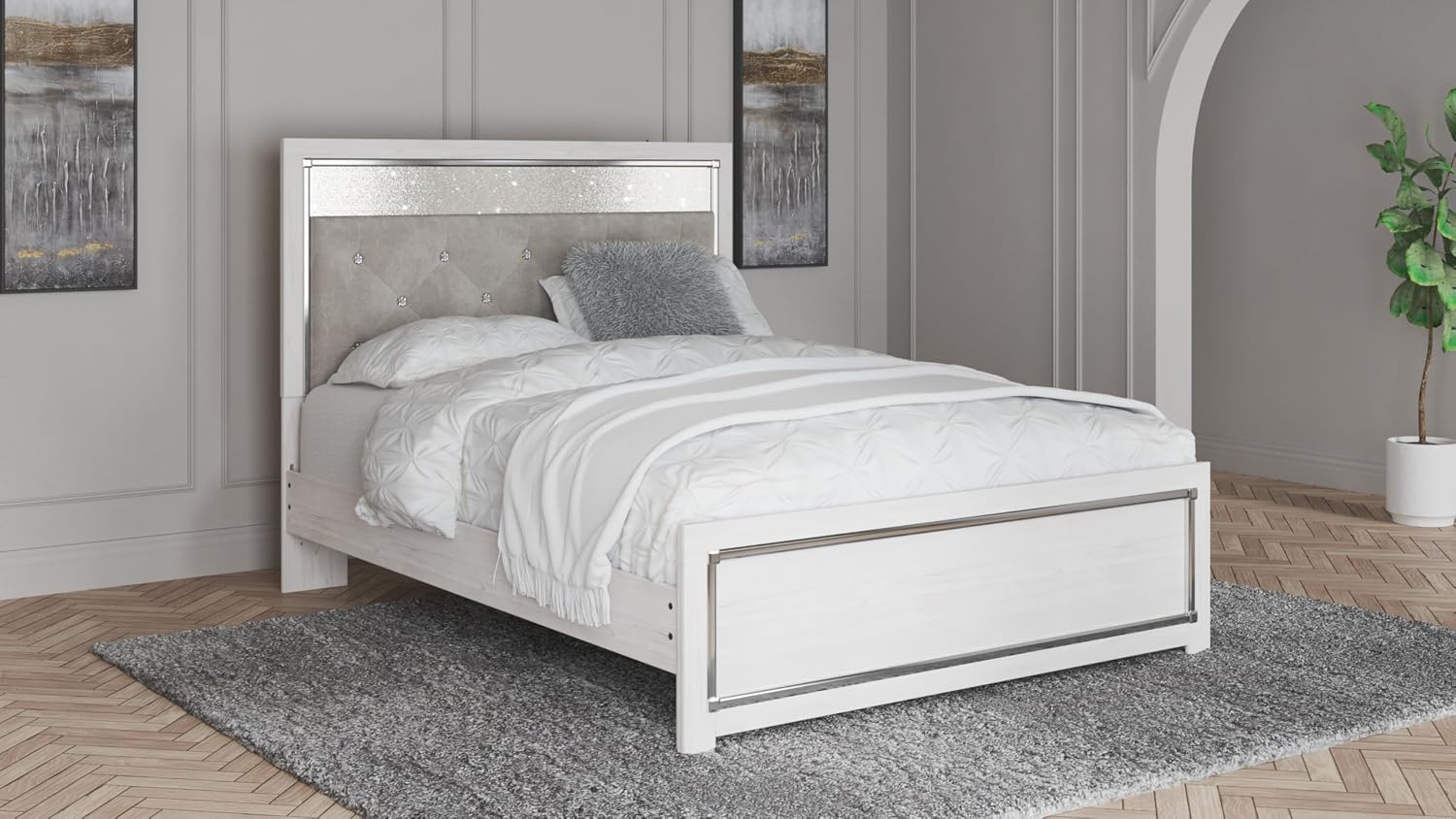 Signature Design by Ashley Altyra Glam Tufted Upholstered Queen Platform Bed with LED Lighting, Foundation or Box Spring Not Needed, White