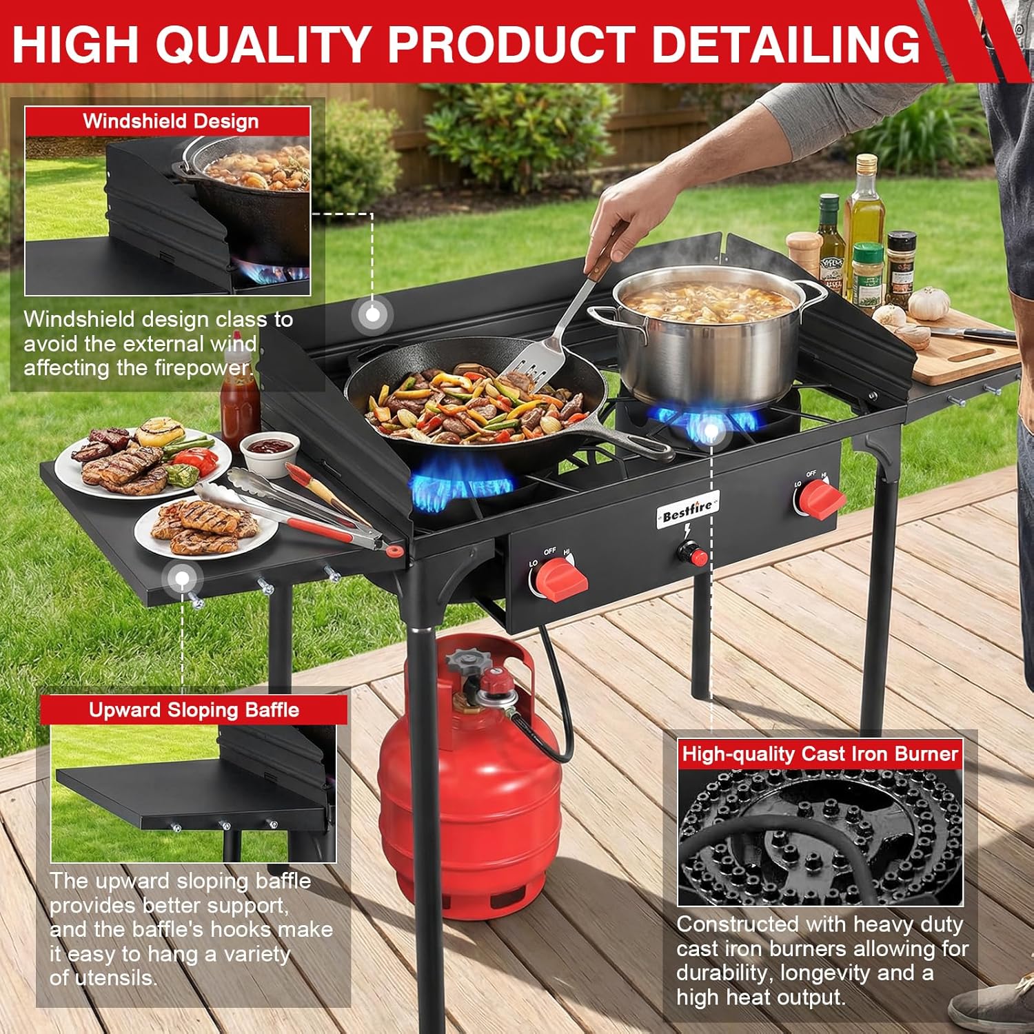 Bestfire 2 Burner Camping Stove with Windscreen& Side Shelves, Bag, Auto Ignition Button,Regulator,150,000 BTU High Pressure Camping Stove Propane Burner With Removable Legs for Outdoor BBQ&Backyard