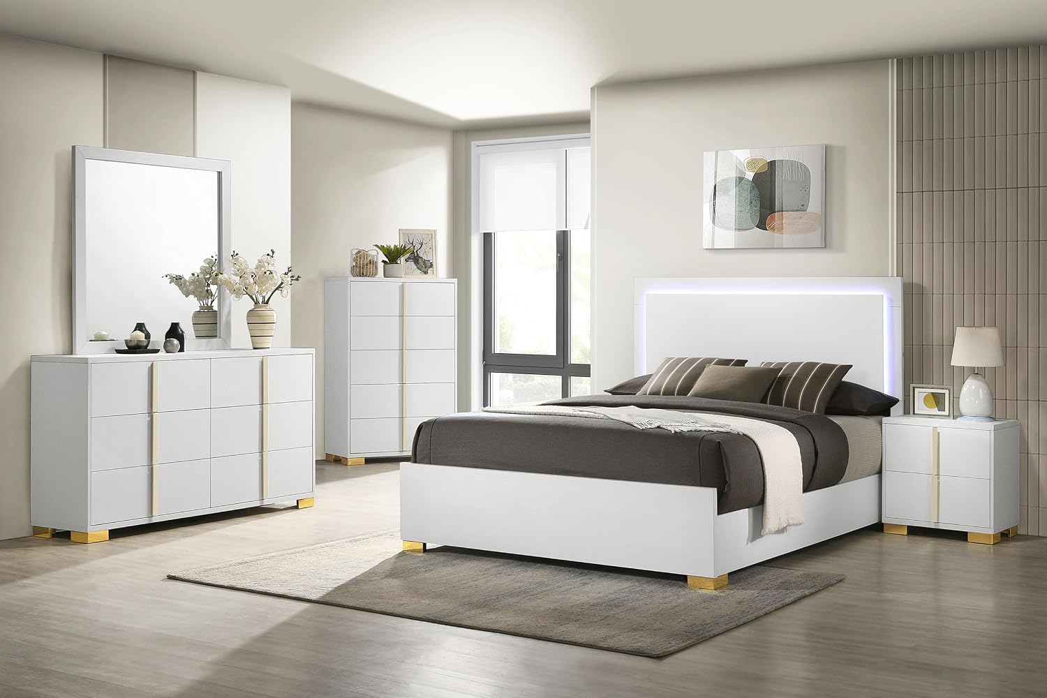Coaster Home Furnishings Marceline Contemporary 5-Piece Bedroom Set Eastern King Size LED Panel Bed Frame 51-inch Headboard White 222931KE-S5