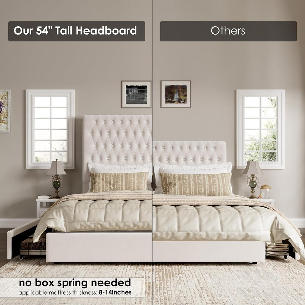 Queen Size Bed Frame 54' Tall Headboard with Gorgeous Button Tufted and Nail, Velvet Fabric Upholstered Bed Frame includes 4 Under-bed Storage Drawers, Wooden Slats, Noise-Free, Easy Assembly, Beige