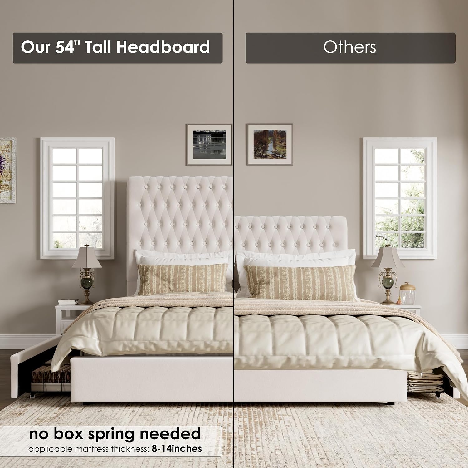Queen Size Bed Frame 54' Tall Headboard with Gorgeous Button Tufted and Nail, Velvet Fabric Upholstered Bed Frame includes 4 Under-bed Storage Drawers, Wooden Slats, Noise-Free, Easy Assembly, Beige