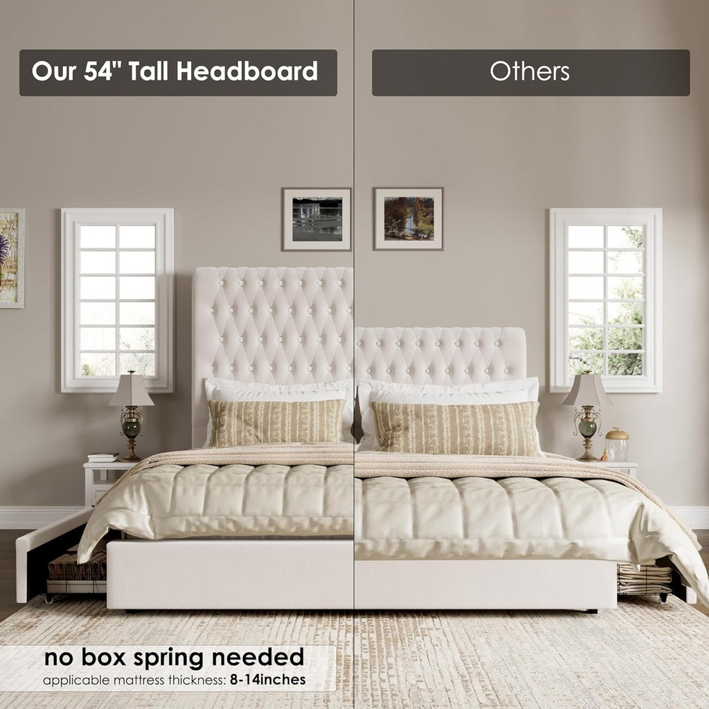 King Size Bed Frame 54' Tall Headboard with Gorgeous Button Tufted and Nail, Velvet Fabric Upholstered Bed Frame includes 4 Under-bed Storage Drawers, Wooden Slats, Noise-Free, Easy Assembly, Beige