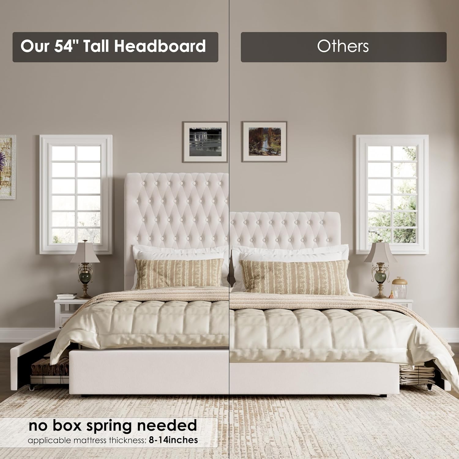 King Size Bed Frame 54' Tall Headboard with Gorgeous Button Tufted and Nail, Velvet Fabric Upholstered Bed Frame includes 4 Under-bed Storage Drawers, Wooden Slats, Noise-Free, Easy Assembly, Beige