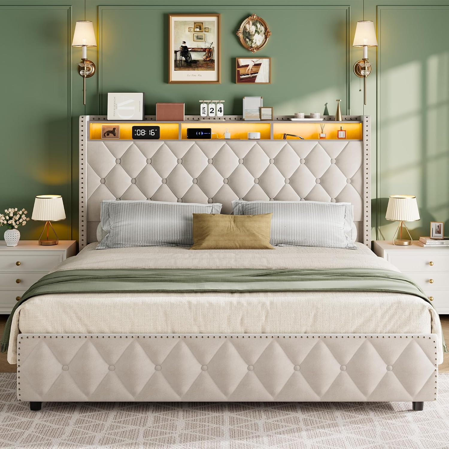 GarveeHome Queen Bed Frame with 50.8 in Tall Headboard, Platform Velvet Upholstered Bed Frame with 4 Storage Drawers, USB Charging Station, Led Lights, No Box Spring Needed, Easy Assembly, Beige