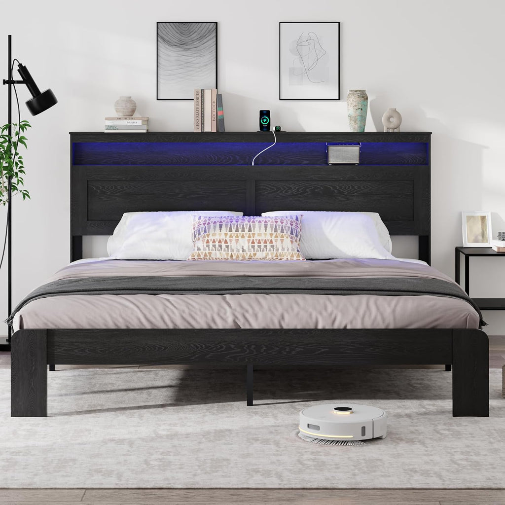 Wooden King Size Bed Frame with Headboard - Rustic Farmhouse Platform Bedframe with Metal Slat Support, Sturdy and No Noise, Easy Assembly (Rustic Black, King)