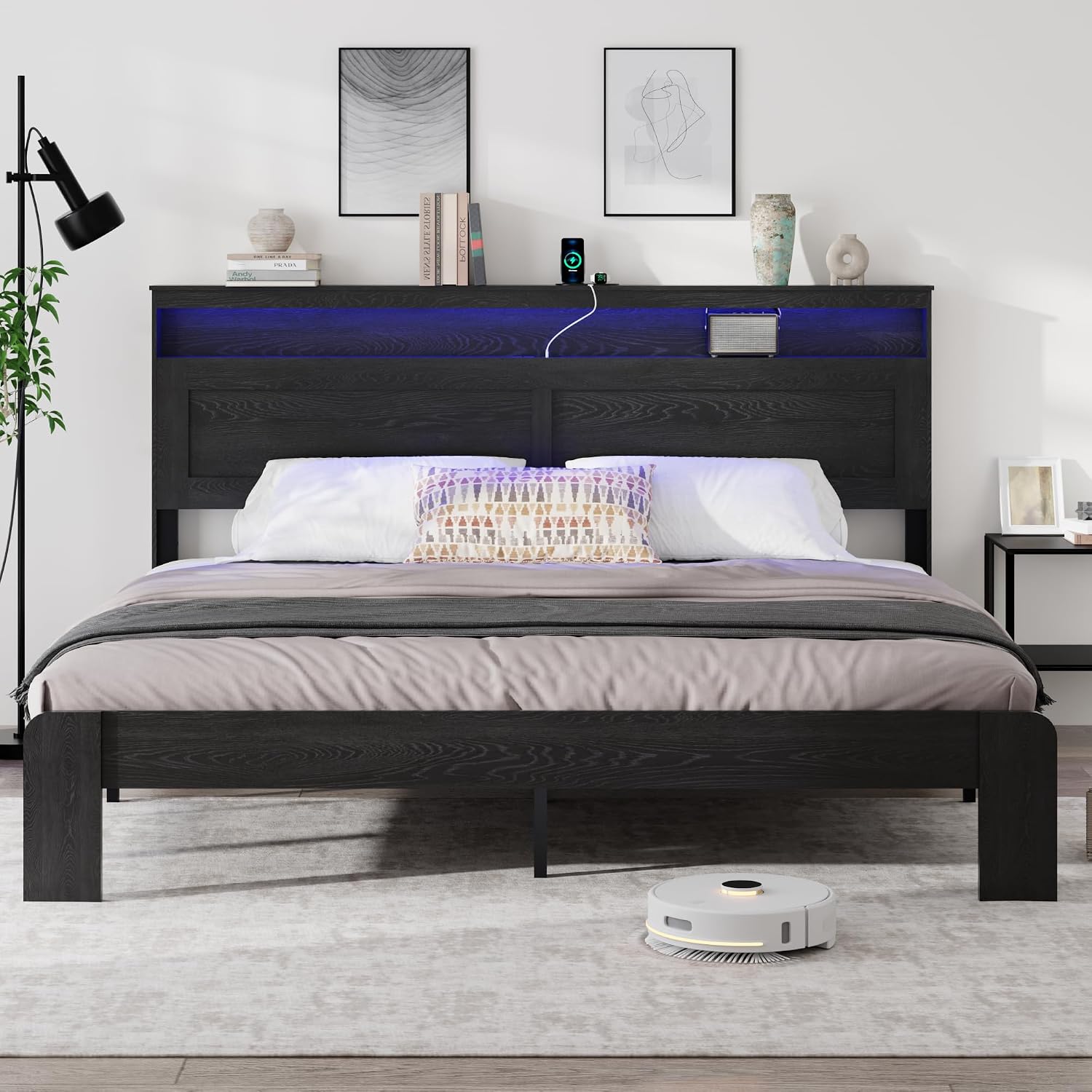 Wooden King Size Bed Frame with Headboard - Rustic Farmhouse Platform Bedframe with Metal Slat Support, Sturdy and No Noise, Easy Assembly (Rustic Black, King)