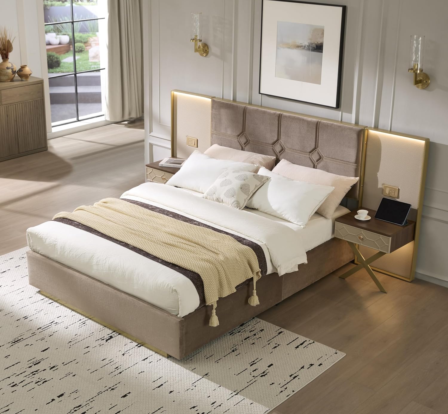 Luxurious Queen Platform Bed Frame with Metal Frame Headboard, Modern Velvet Upholstered Platform Bed with 2 Built-in Wall Lamps and Bedside Table for Bedroom Guestroom, Coffee