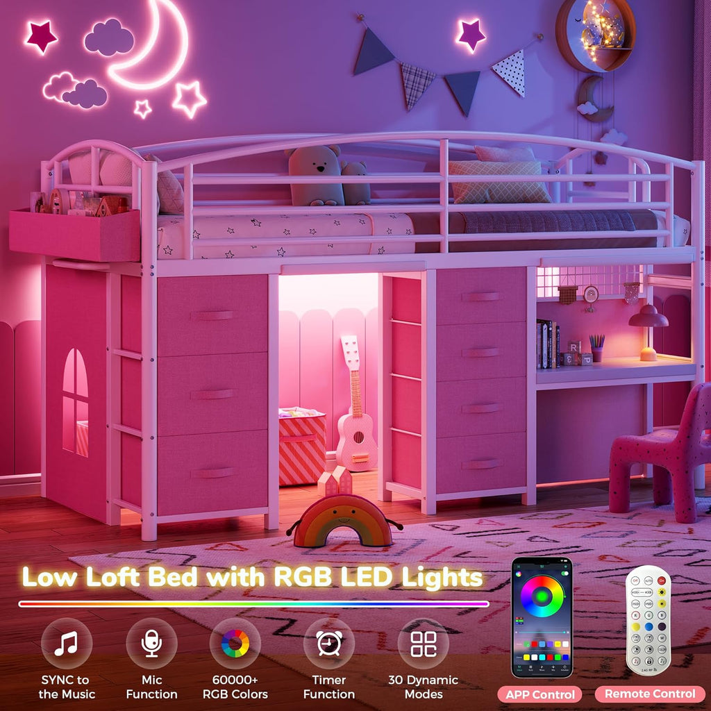 Low Loft Bed Twin Size with 7 Storage Drawers, Desk and LED Lights, Heavy Duty Metal Kids Loft Bed with 12' H Safety Guardrail, Anti-Collision Pad, Private Play Curtain, Under-Bed Play Space - Pink