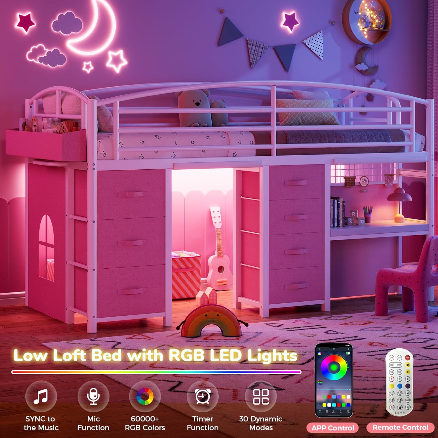 Low Loft Bed Twin Size with 7 Storage Drawers, Desk and LED Lights, Heavy Duty Metal Kids Loft Bed with 12' H Safety Guardrail, Anti-Collision Pad, Private Play Curtain, Under-Bed Play Space - Pink