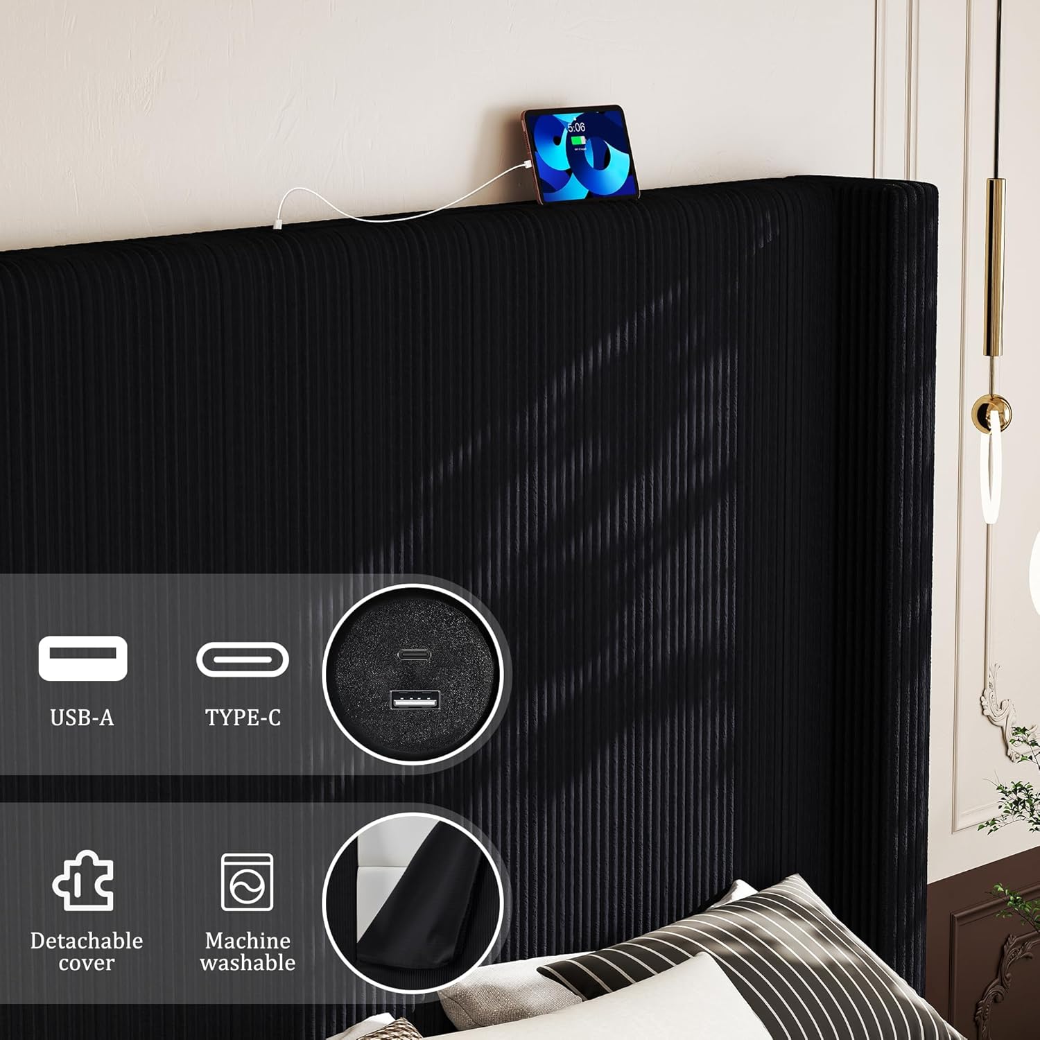 King Size Corduroy Upholstered Bed Frame with 65.2' Tall Headboard,USB Charging Station,Soft Washable Corduroy Cover with Wingback Headboard, Solid Wood Legs/Noise-Free/No Box Spring Needed/Black