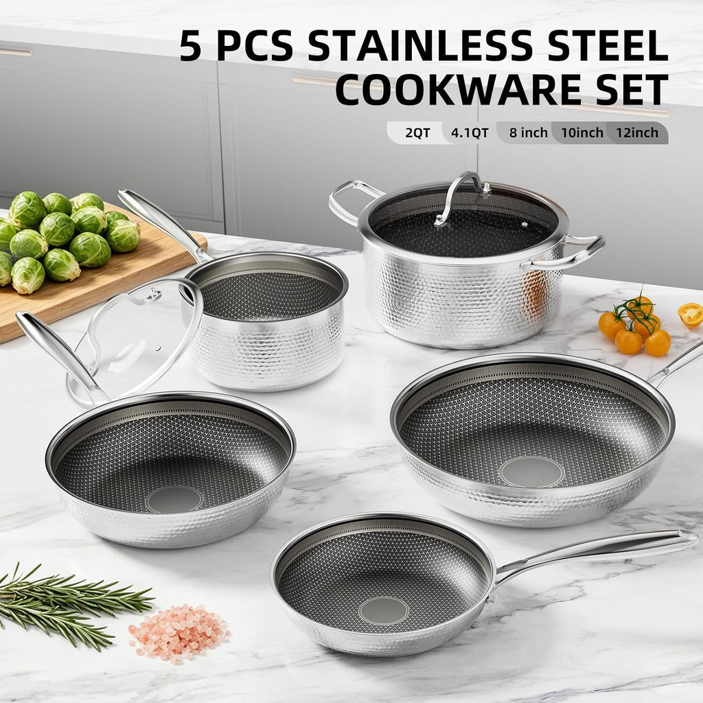 Stainless Steel Nonstick Pots and Pans Set (7 Pcs), PFOA Free, Induction Compatible, Fast & Even Heat, Dishwasher & Oven Safe (500F), 8/10/12' Fry Pans, Saucepan, Stock Pot for Home Cooking