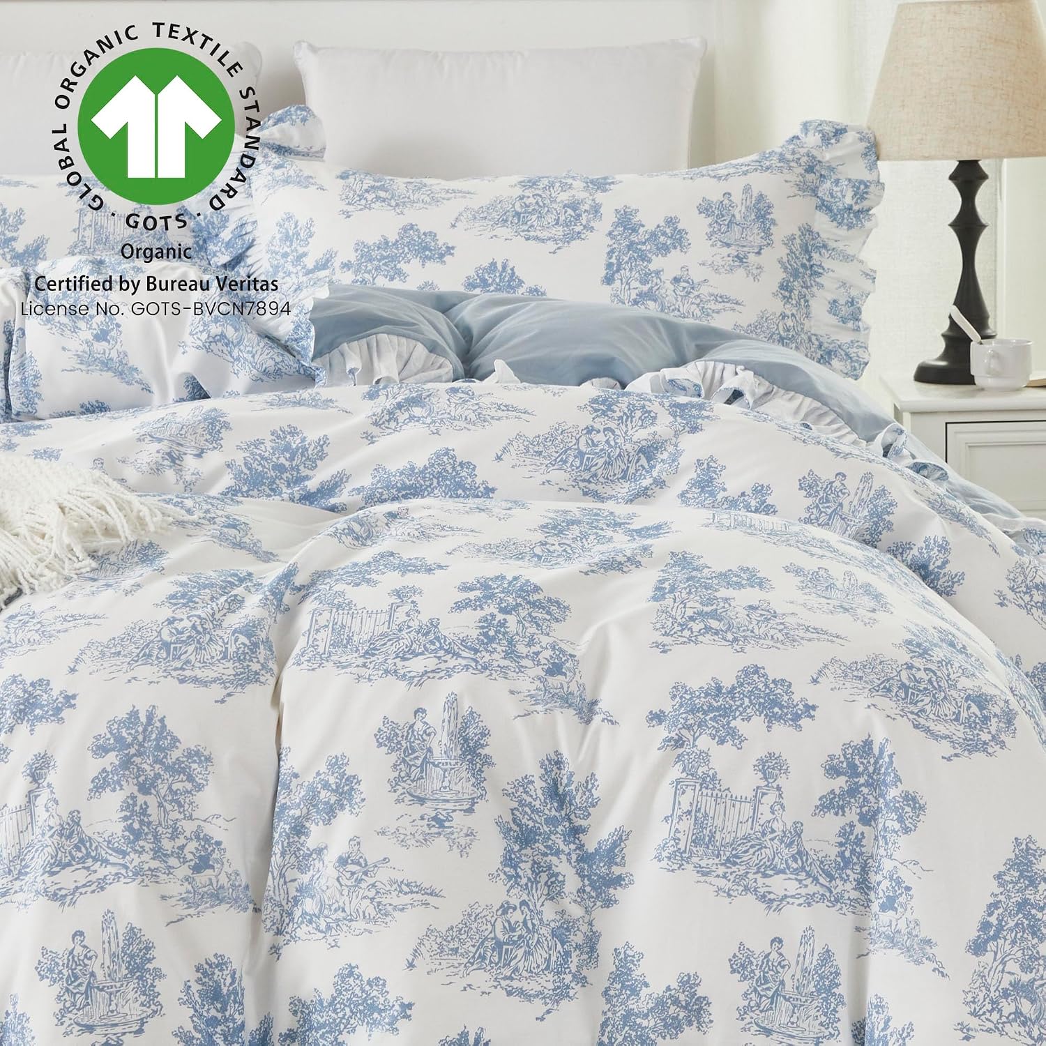 Brandream French Toile Duvet Quilt Cover Full Size 100% Cotton Bedding Set Pastoral Toile Cottagecore Grandmillennial Tapestry Pattern Garden Floral Blossom Tree Delicate Ruffle Fringe Design, Blue