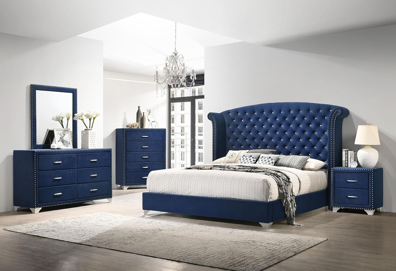 Coaster Home Furnishings Melody Modern Classic 5-Piece Bedroom Set Velvet Upholstered Eastern King Size Wingback Bed Frame 66-inch Headboard Pacific Blue 223371KE-S5