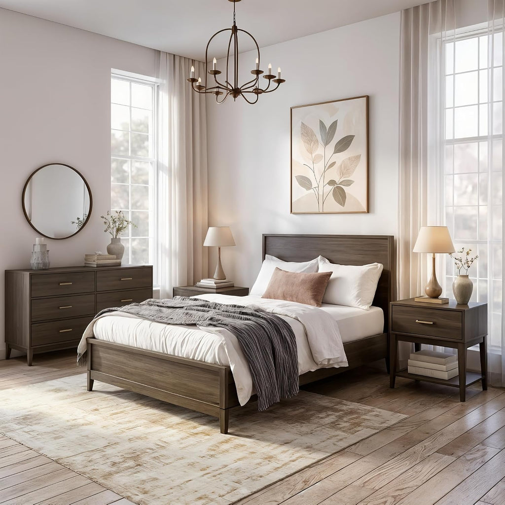 Plank+Beam Contempo Solid Wood Full Bed Frame with Panel Headboard, Modern Platform Bed with Wood Slat Support, No Box Spring Needed, Clay