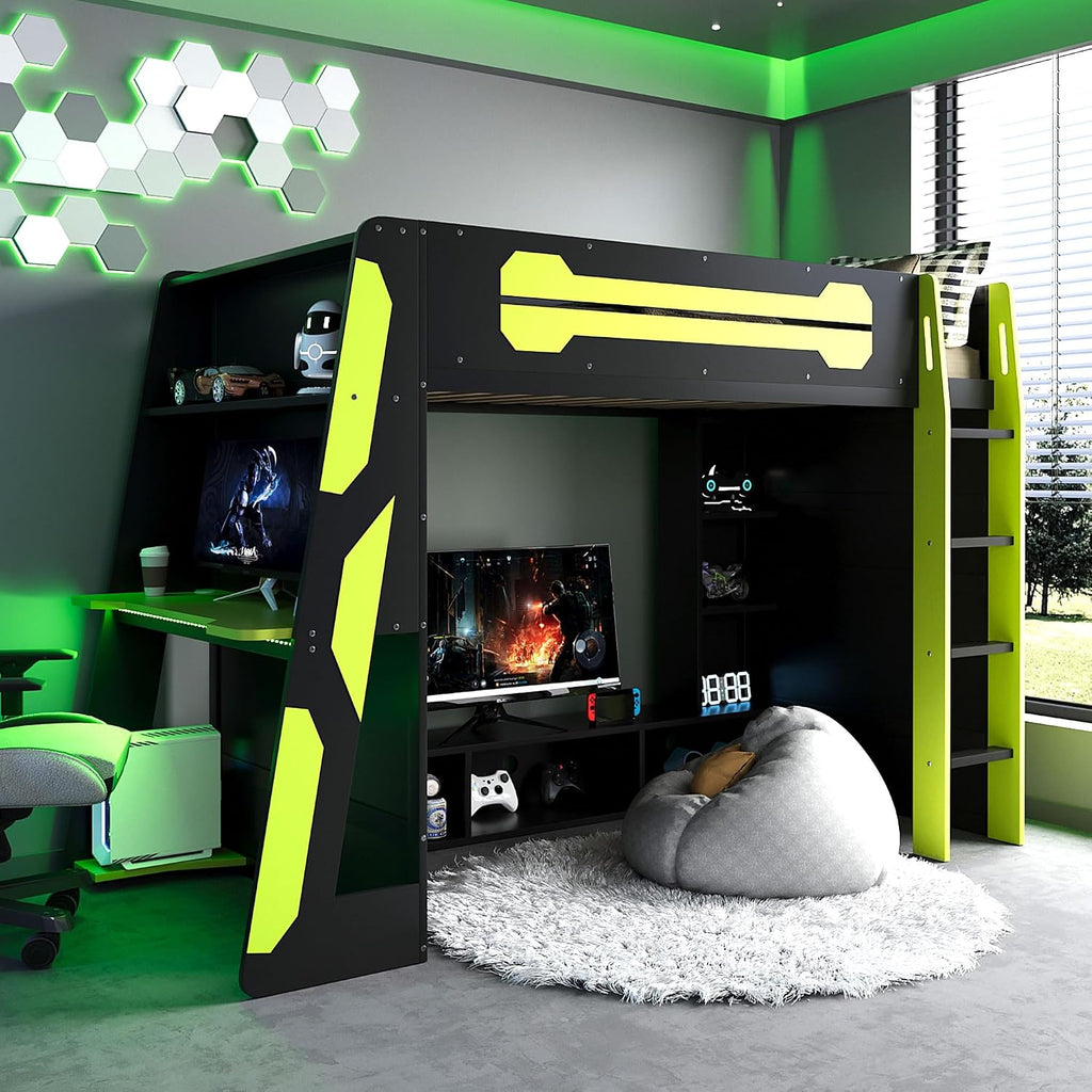 Bellemave Gaming Loft Bed with Desk and Lights, Twin Loft Bed with Storage Shelves and Work Station, Wood Loft Bed Frame for Kids, Boys, Girls, Teens, No Spring Box Needed & Dedicated Style, Green