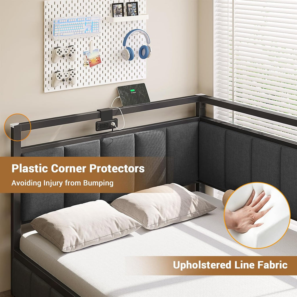 Hasuit Corner Bed Frame with Storage Drawers, Twin Daybed with Line Fabric Upholstered Fence, Kids Bed Unit with LED Light and Charging Station, Modern Bed Frame