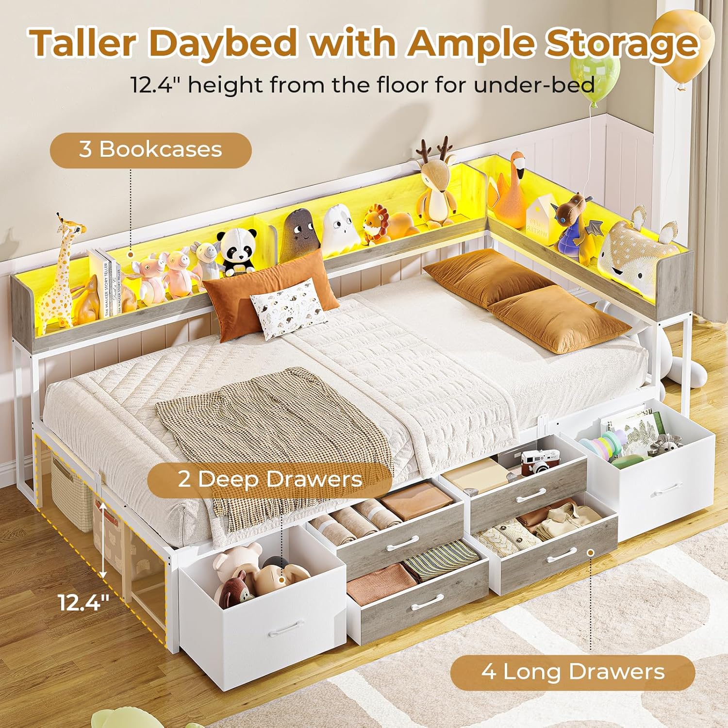 MSmask 14 Inch Corner Bed Frame with Bookcase Storage, Twin XL Daybed with 6 Drawers, Charging Station and LED Light, Twin XL Size Metal Platform Bed Frame for Kids Teenagers, White & Oak Grey
