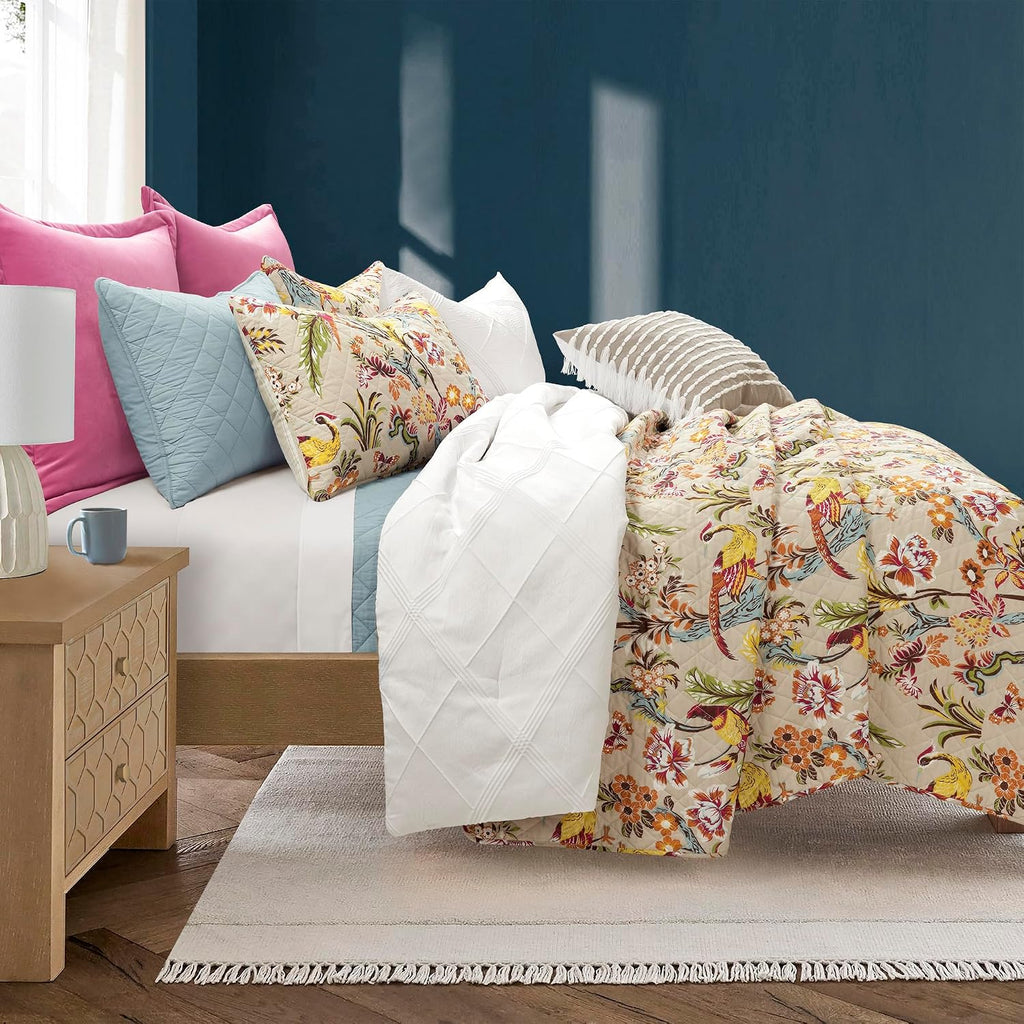 Lush Decor Dolores Reversible Cotton Quilt King Size 3 Piece Set Neutral & Multi - Tropical Bedding Set King - Floral Quilt - Cottage Bedroom Decor