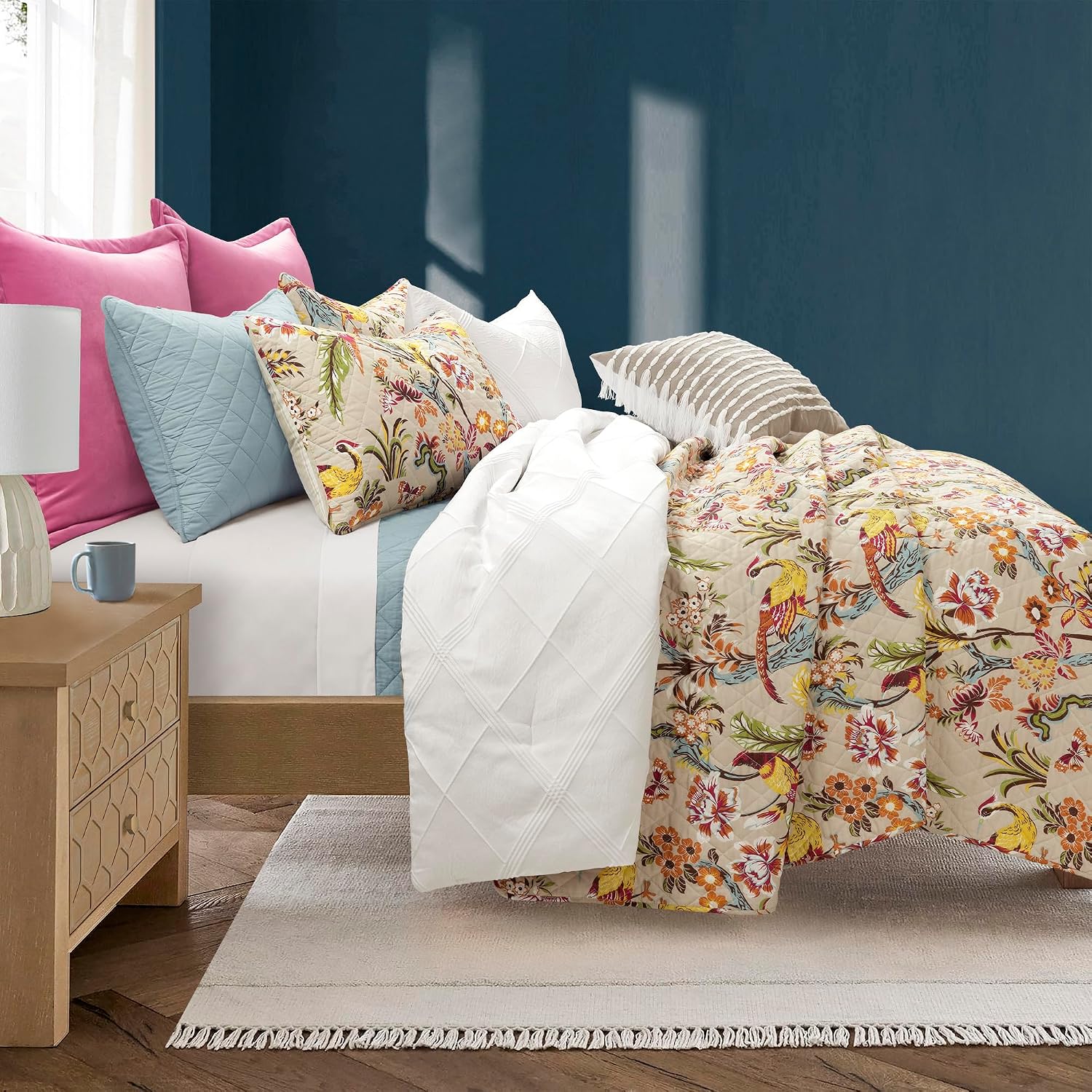 Lush Decor Dolores Reversible Cotton Quilt King Size 3 Piece Set Neutral & Multi - Tropical Bedding Set King - Floral Quilt - Cottage Bedroom Decor