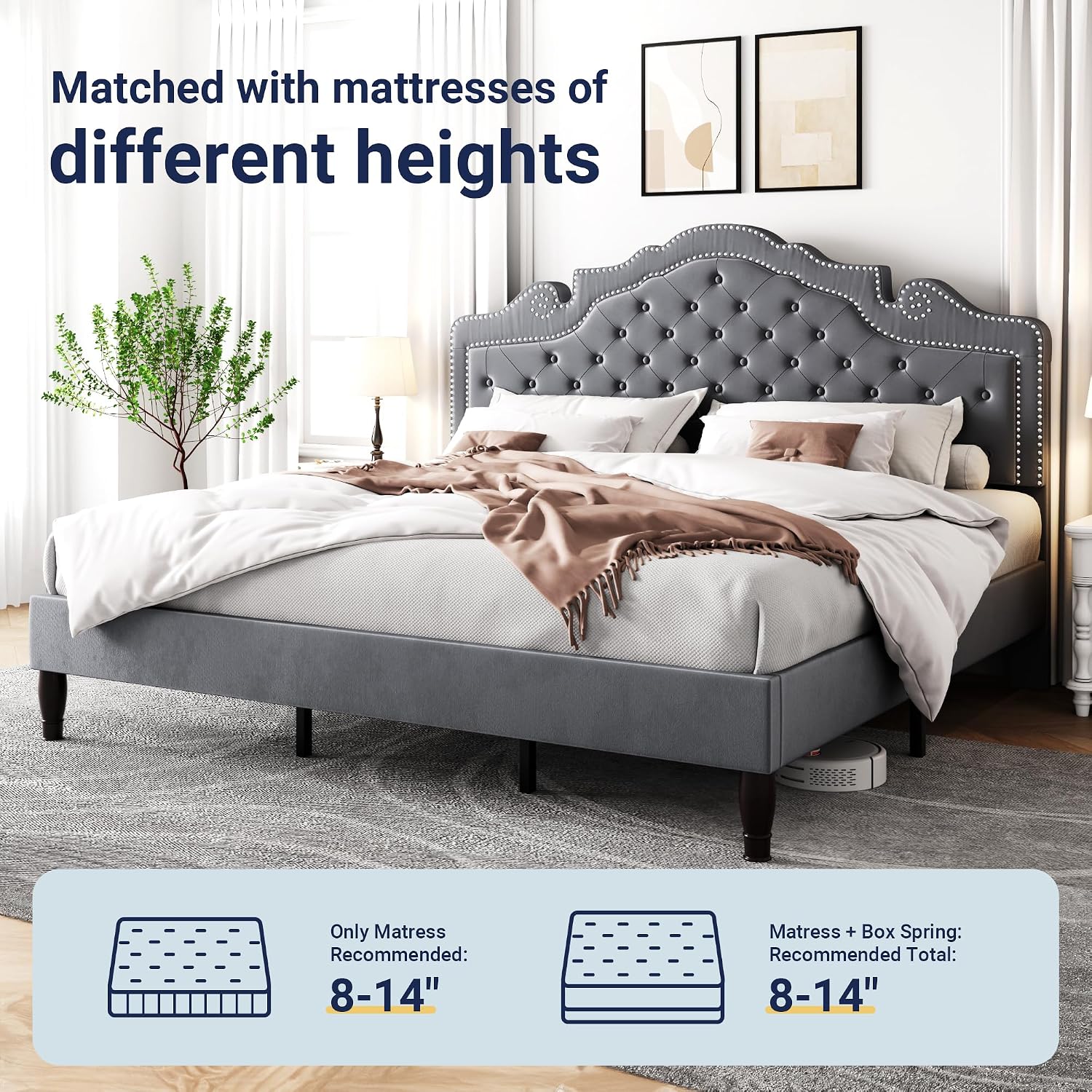Allewie King Size Bed Frame with Adjustable Velvet Tiara Headboard, Upholstered Diamond Button Tufted Platform Bed, Wood Slats Support, No Box Spring Needed, Light Grey
