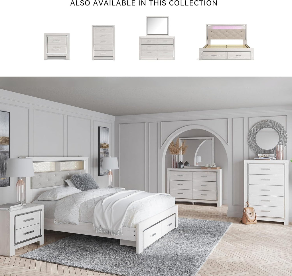 Signature Design by Ashley Altyra Contemporary Adjustable Tufted King Upholstered Storage Platform Bed with LED Lights and 2 Drawers, Foundation or Box Spring Not Needed, White & Gray