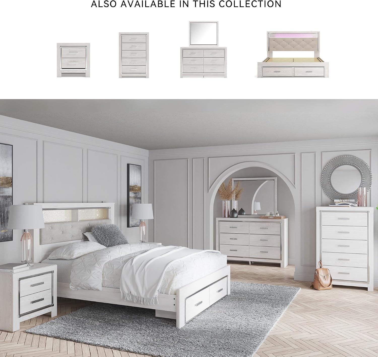 Signature Design by Ashley Altyra Contemporary Adjustable Tufted King Upholstered Storage Platform Bed with LED Lights and 2 Drawers, Foundation or Box Spring Not Needed, White & Gray