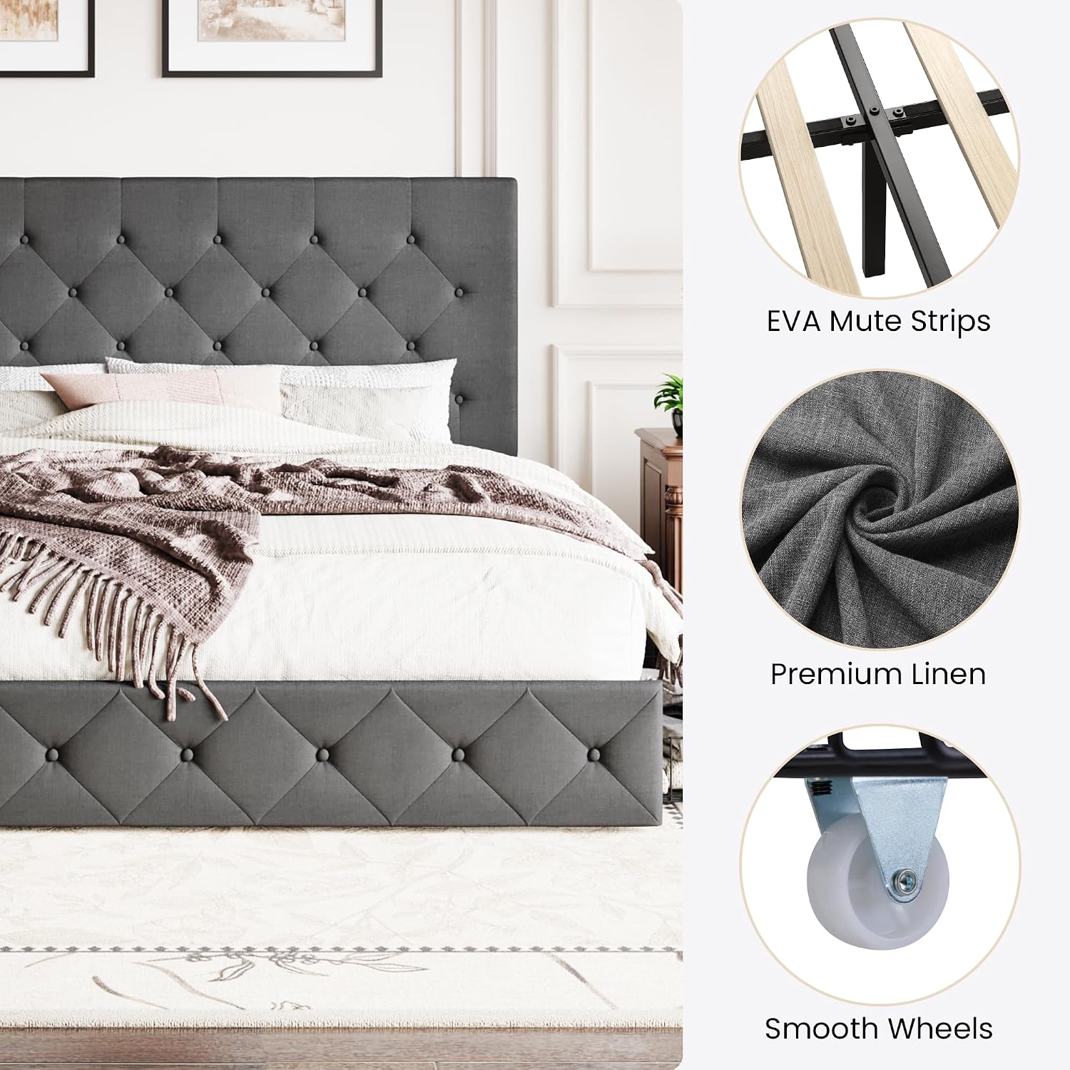 SHA CERLIN Upholstered King Size Platform Bed Frame with 4 Storage Drawers, Adjustable Headboard with Diamond Stitched Button Tufted Design, Wooden Slat Support, No Box Spring Needed, Dark Grey