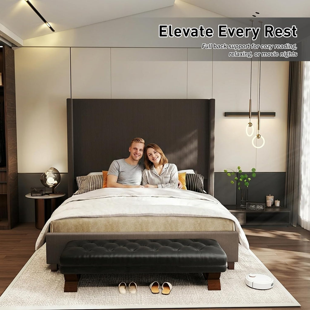 King Size Corduroy Upholstered Bed Frame with 65' Tall Headboard,USB Charging Station,Soft Washable Corduroy Cover with Wingback Headboard, Solid Wood Legs/Noise-Free/No Box Spring Needed/Brown